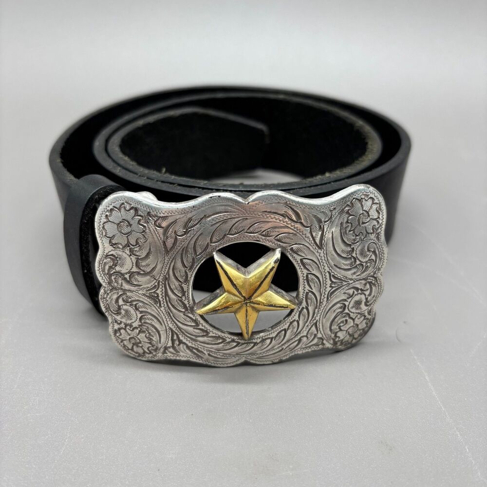 Fossil Black Leather Western Belt Mens S Silver Floral Star Buckle 1.5" Wide